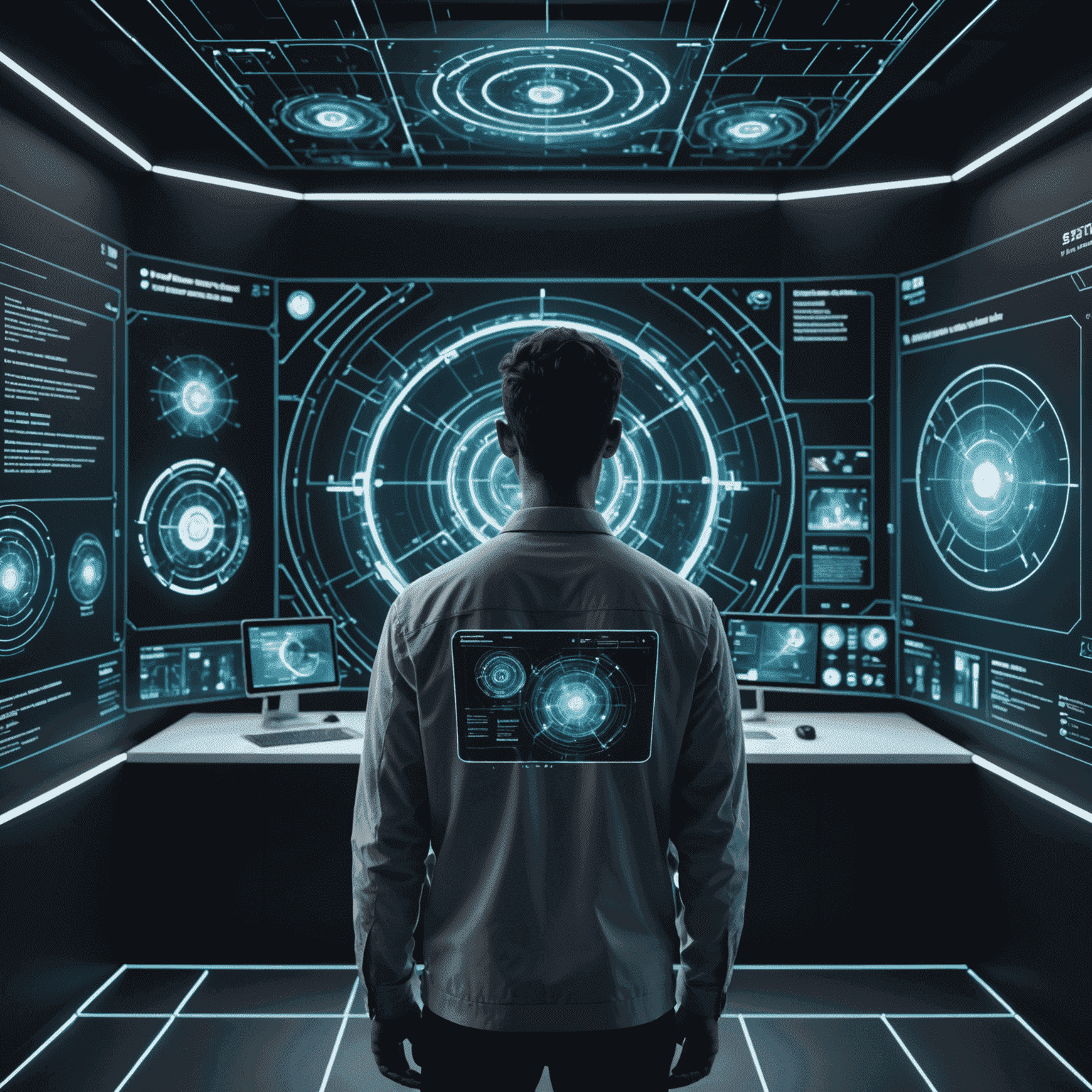 A futuristic interface showing an AI-powered website creator tool with holographic projections of website layouts and a person interacting with the system