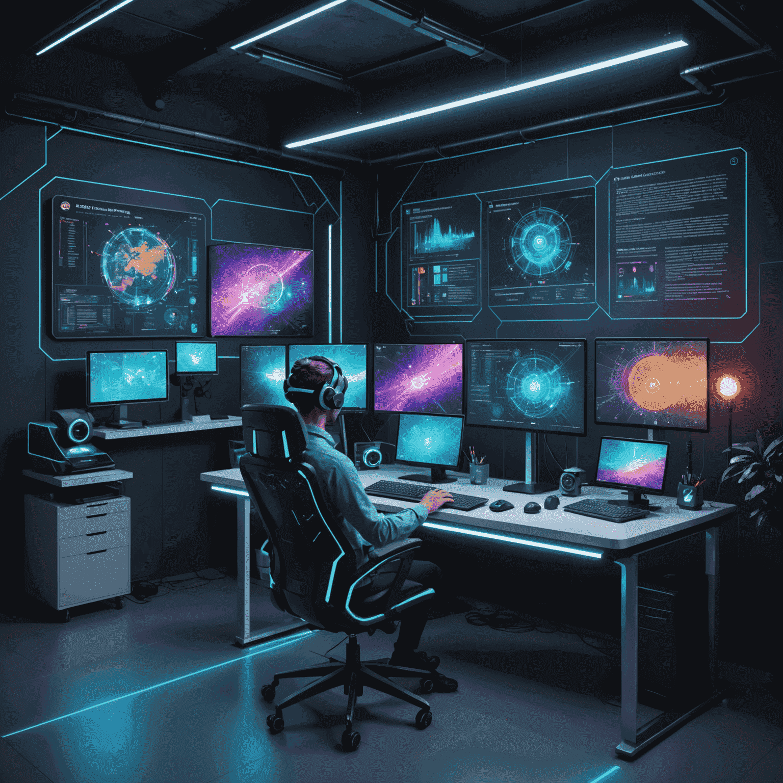 A futuristic web development workspace with holographic screens displaying AI-assisted coding and design tools. The image showcases a blend of technology and creativity, with vibrant colors representing the fusion of human ingenuity and machine learning in web development.