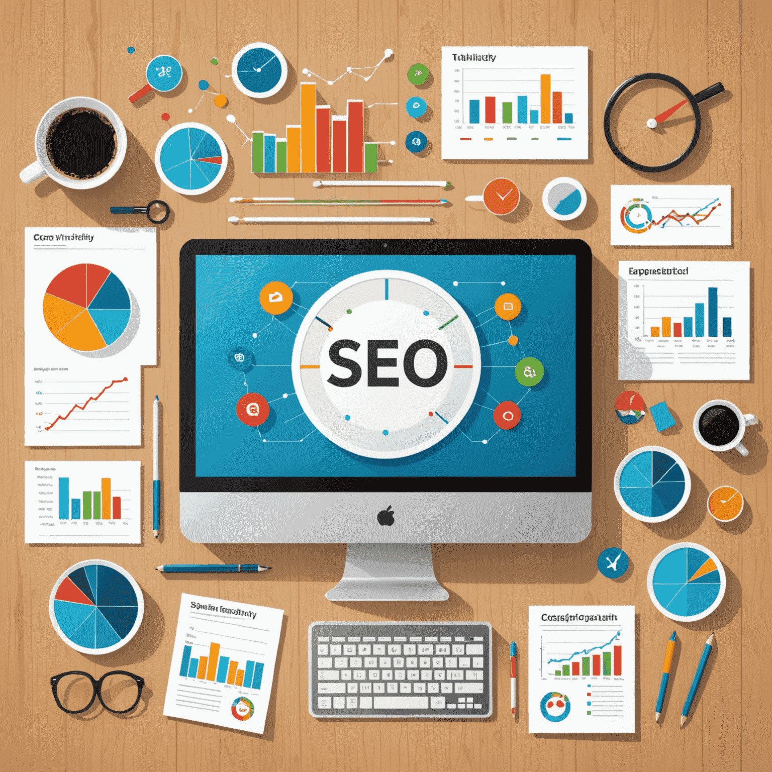 SEO optimization illustration showing a website ranking higher in search results, with graphs and charts depicting improved online visibility