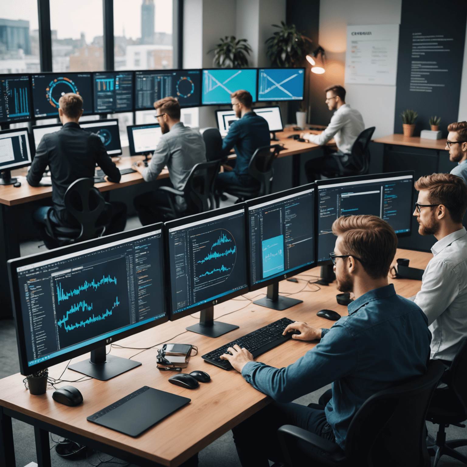 A team of web developers working on multiple screens, maintaining and updating a website. The image shows various coding languages and tools being used.