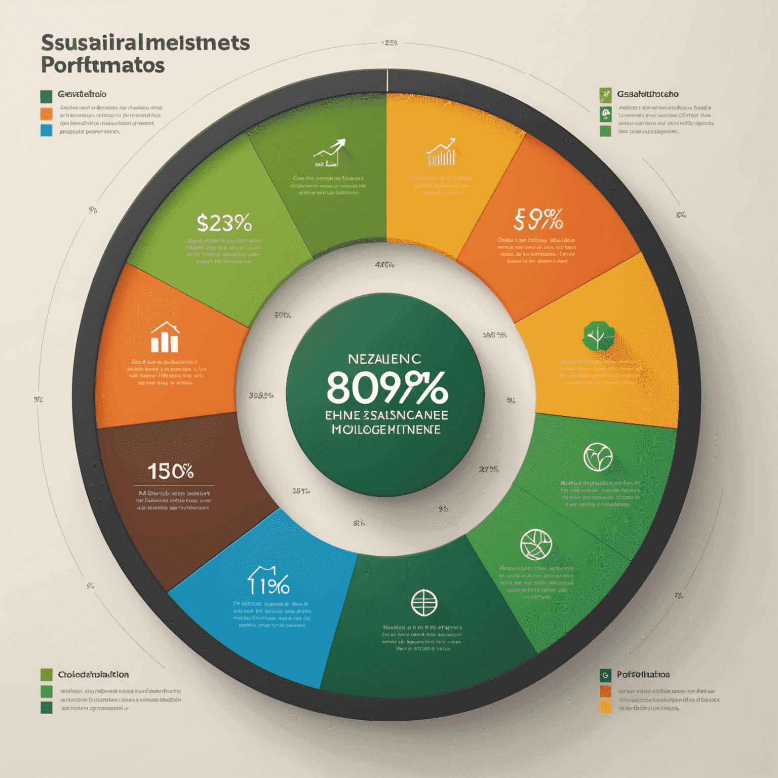 A colorful pie chart showing the growing percentage of sustainable investments in global portfolios, with green segments dominating