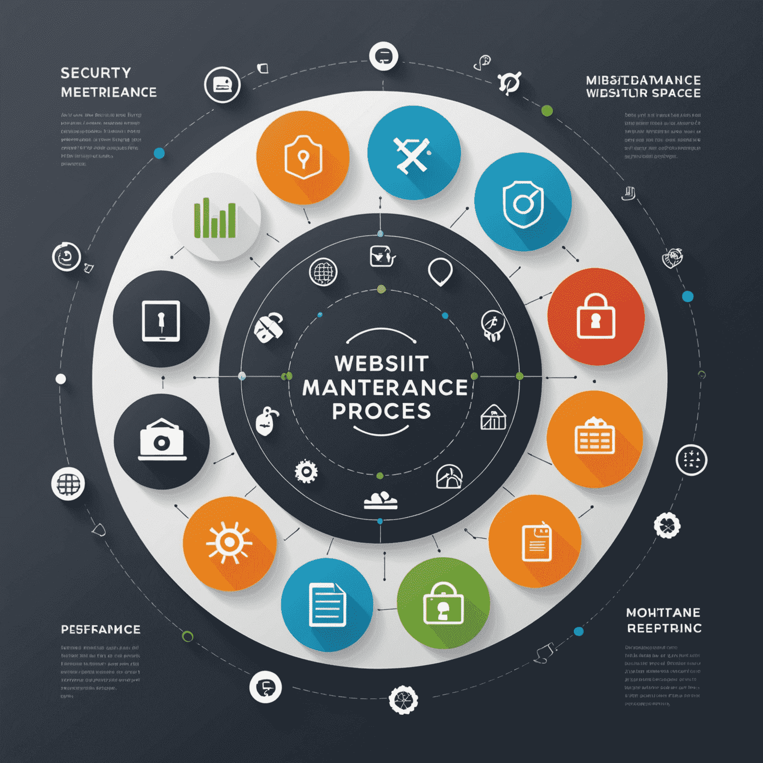 A visual representation of the website maintenance process, showing a circular diagram with icons for each step: security, performance, content, updates, optimization, and reporting.