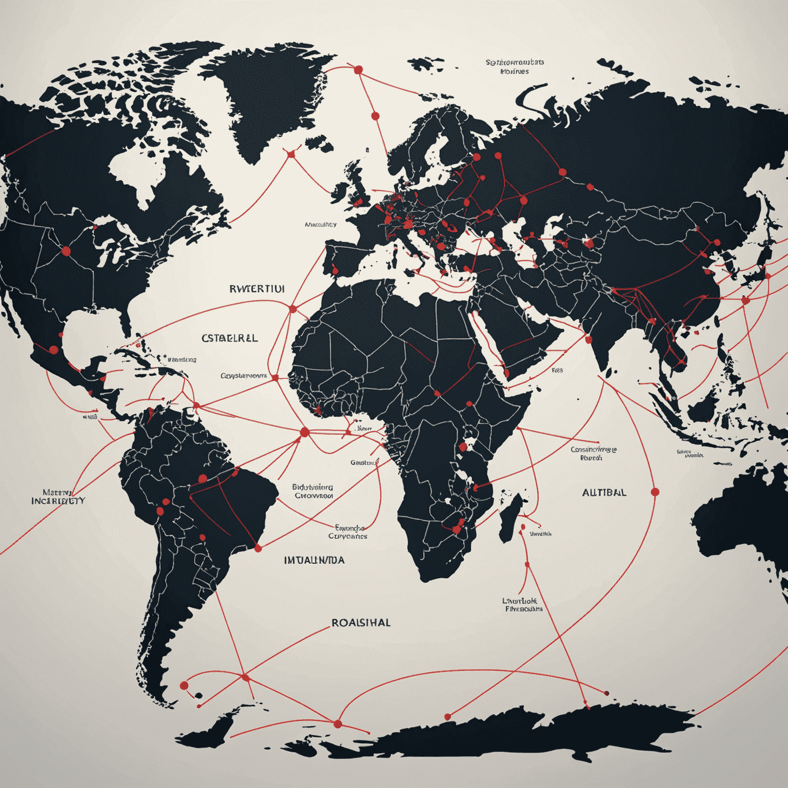 A world map with interconnected lines representing global supply chains, with some lines highlighted in red to show new emerging routes and hubs