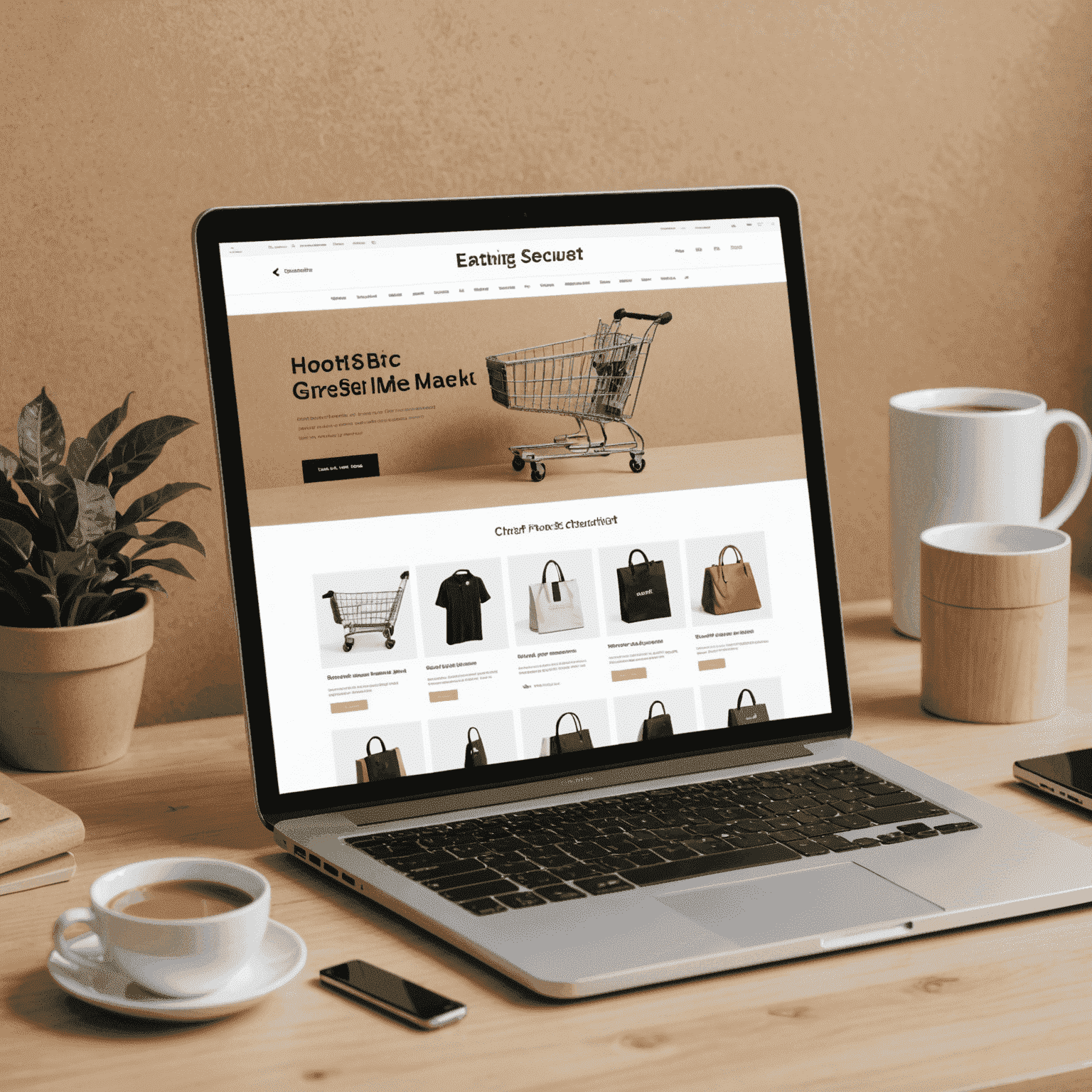 An e-commerce website mockup showing product listings, shopping cart, and secure checkout process