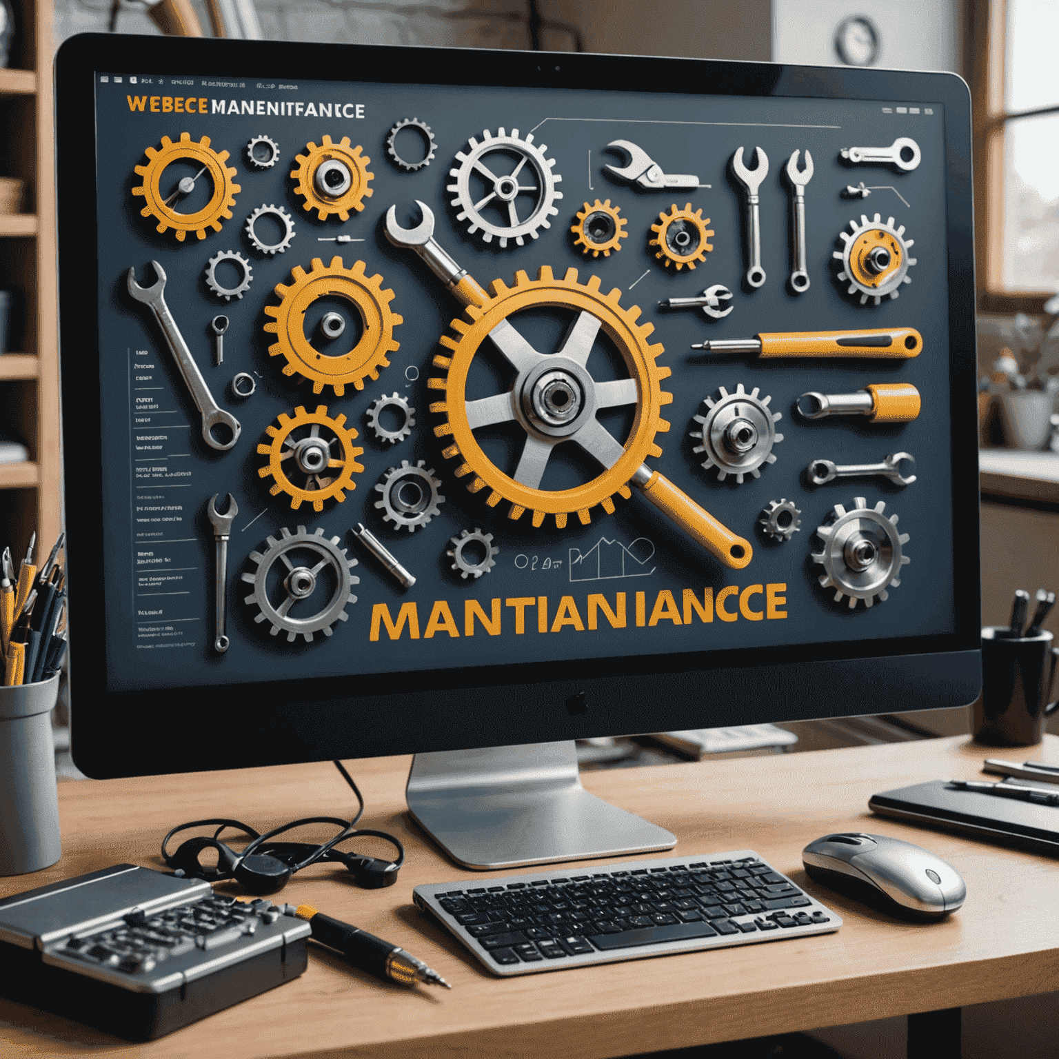 A set of tools and gears representing website maintenance, with a computer screen showing various maintenance tasks